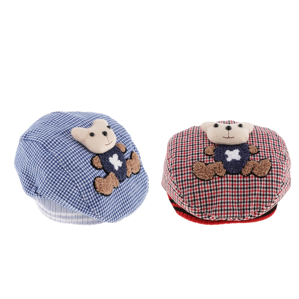 Baby Hat Bear Cartoon Beret Hat Tartan Design Kids Headdress Red