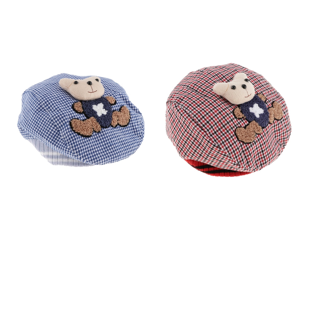 Baby Hat Bear Cartoon Beret Hat Tartan Design Kids Headdress Red