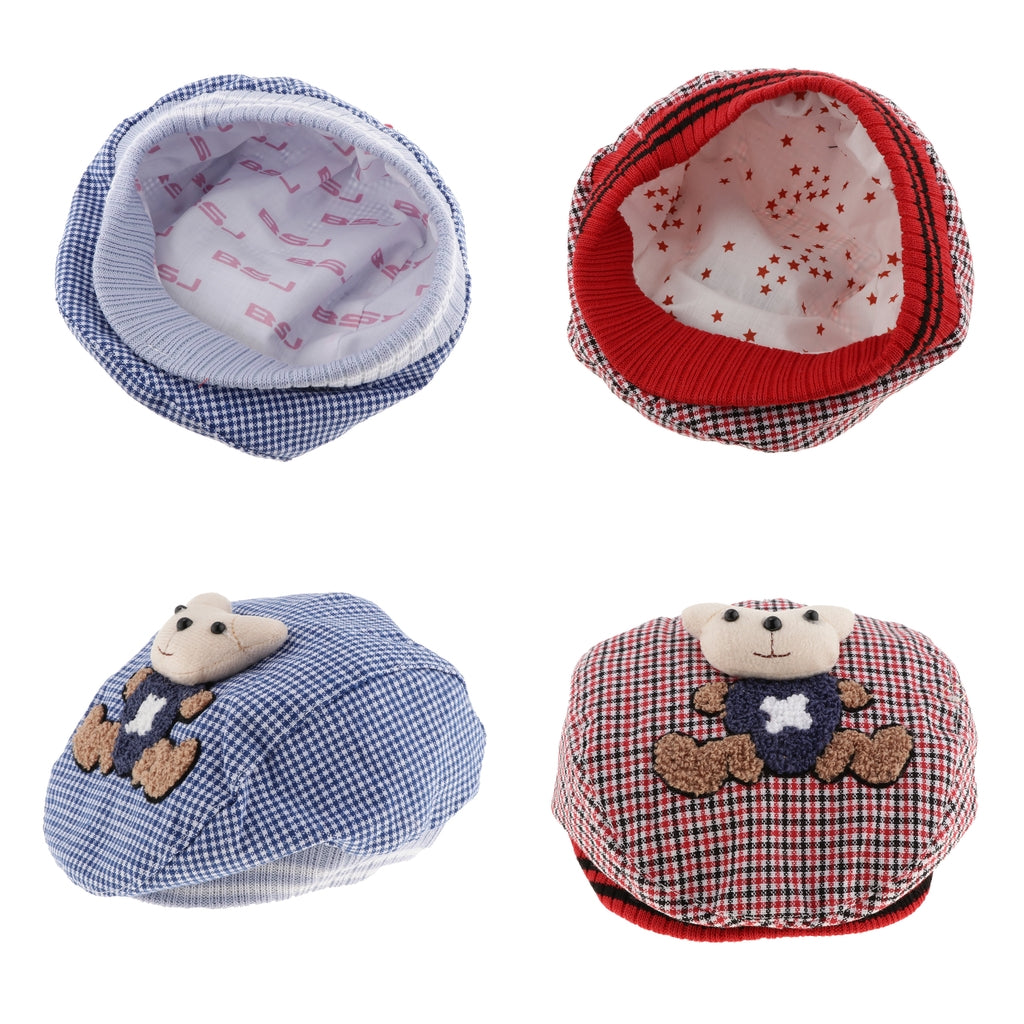 Baby Hat Bear Cartoon Beret Hat Tartan Design Kids Headdress Red