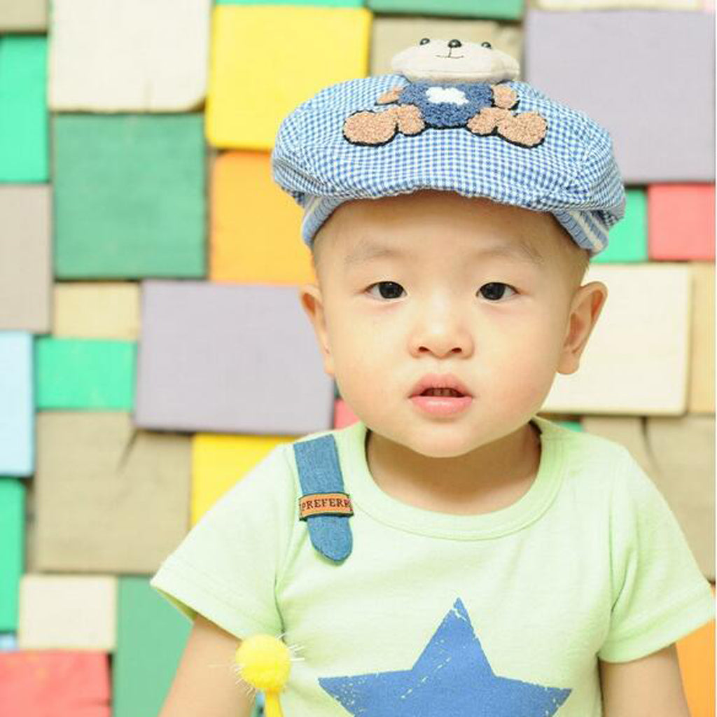 Baby Hat Bear Cartoon Beret Hat Tartan Design Kids Headdress Blue