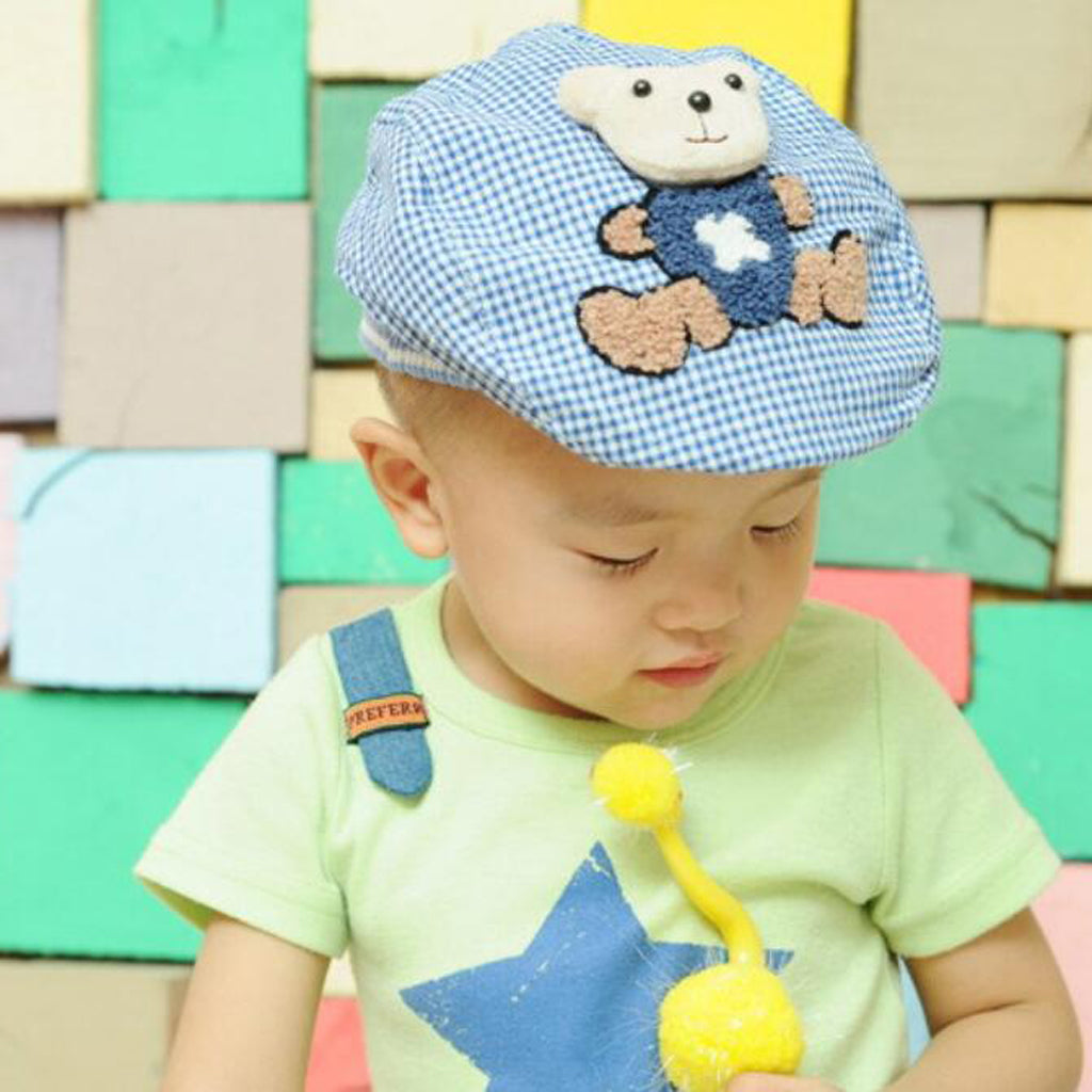 Baby Hat Bear Cartoon Beret Hat Tartan Design Kids Headdress Blue