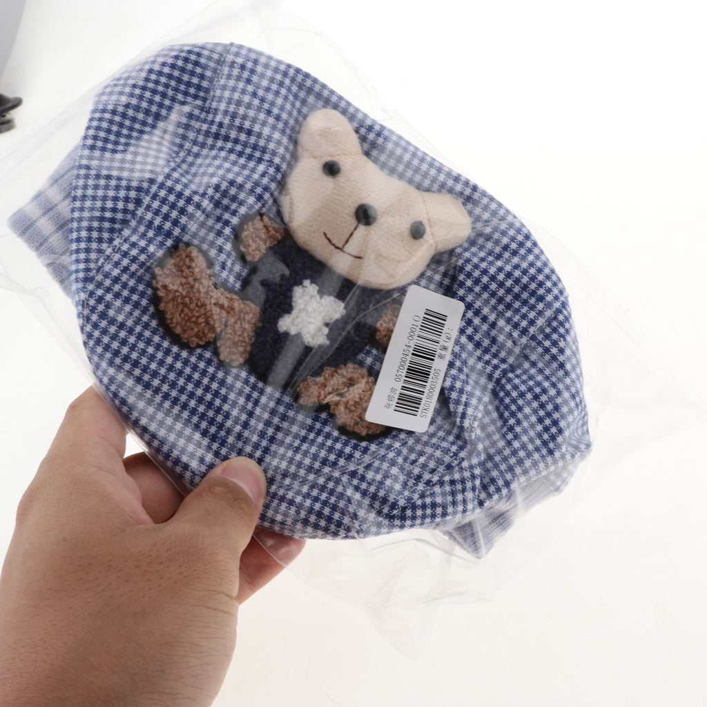 Baby Hat Bear Cartoon Beret Hat Tartan Design Kids Headdress Blue