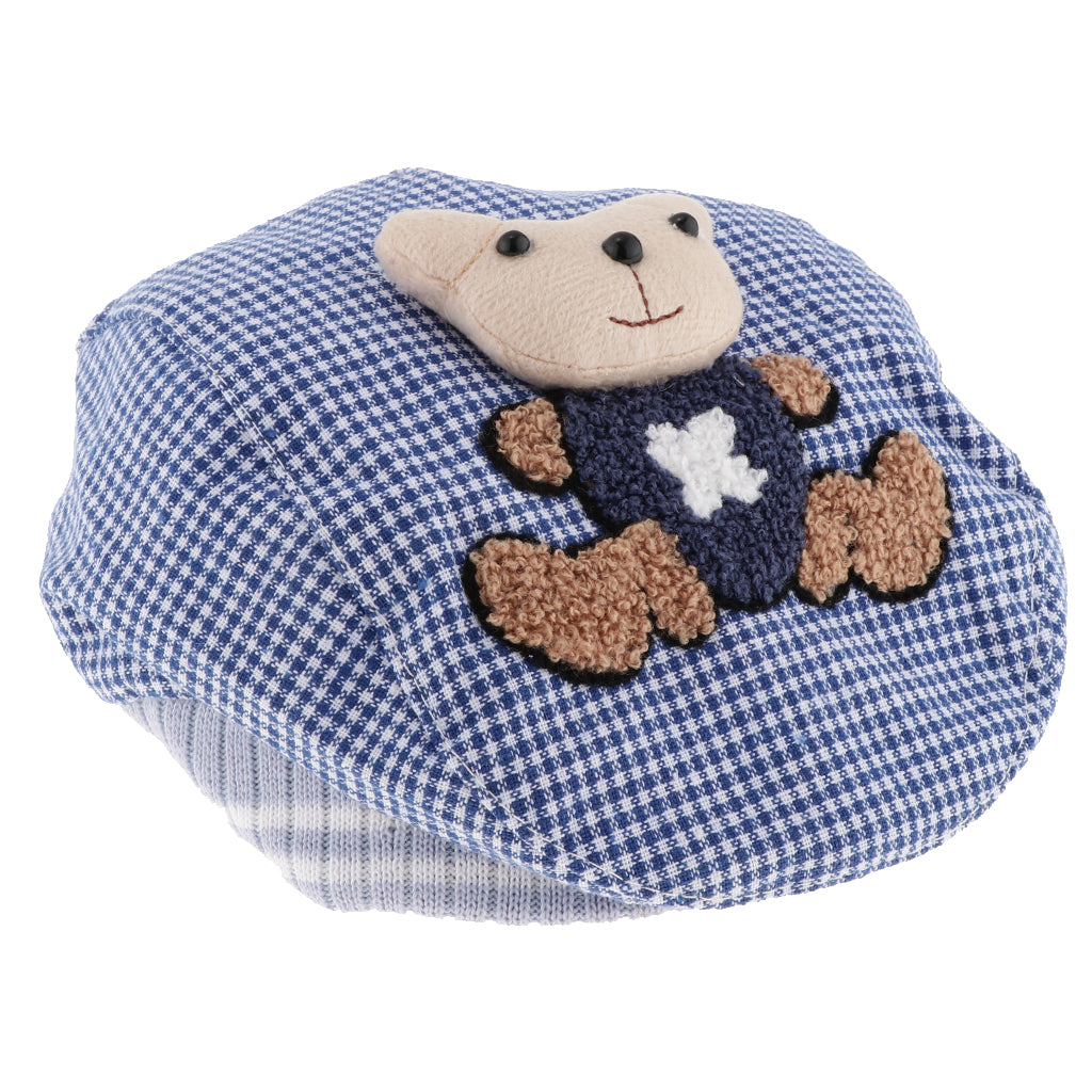 Baby Hat Bear Cartoon Beret Hat Tartan Design Kids Headdress Blue