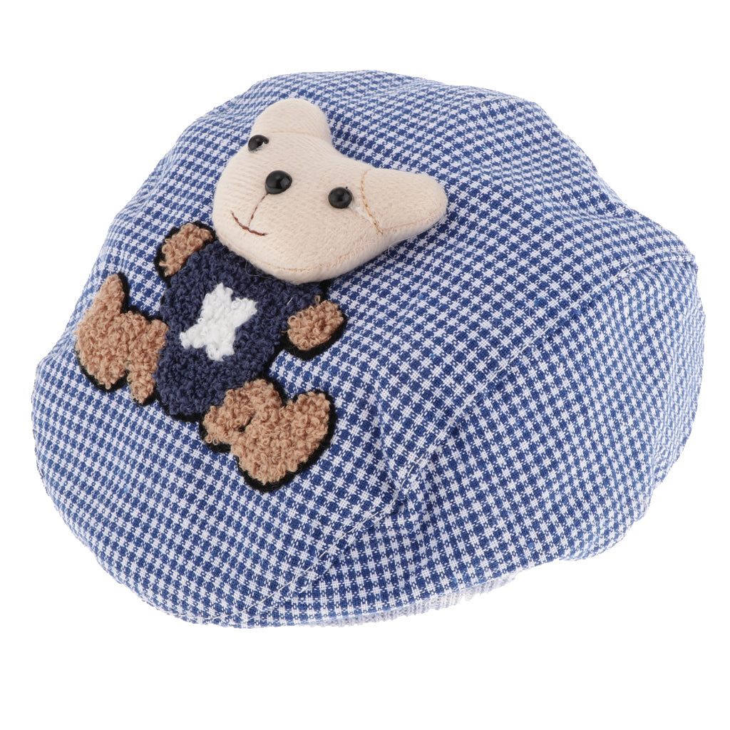 Baby Hat Bear Cartoon Beret Hat Tartan Design Kids Headdress Blue