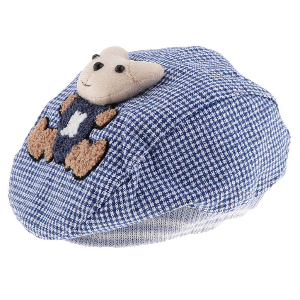 Baby Hat Bear Cartoon Beret Hat Tartan Design Kids Headdress Blue