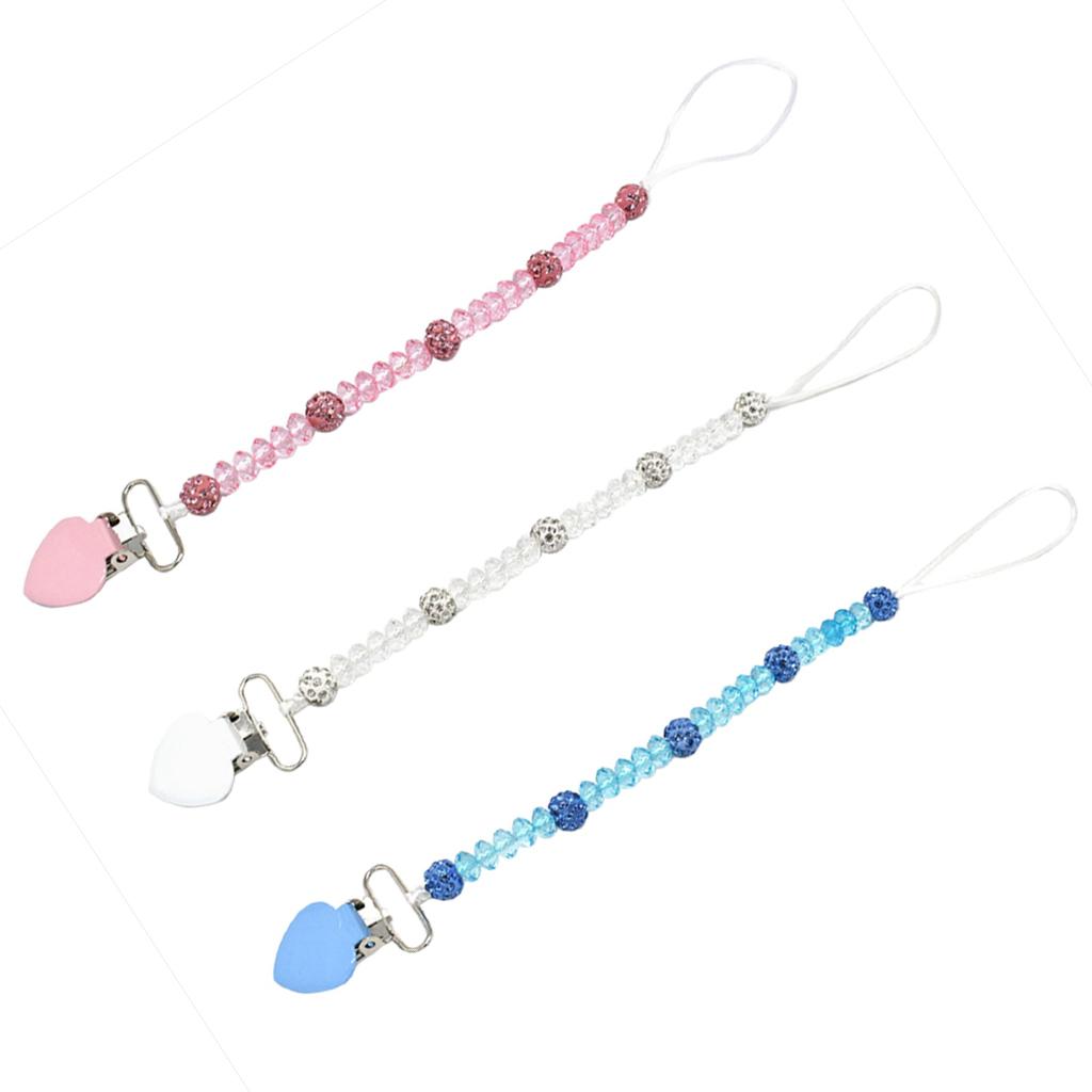 3 Pieces Baby Pacifier Crystal Pacifier Chain Clip  Pink  Blue  White