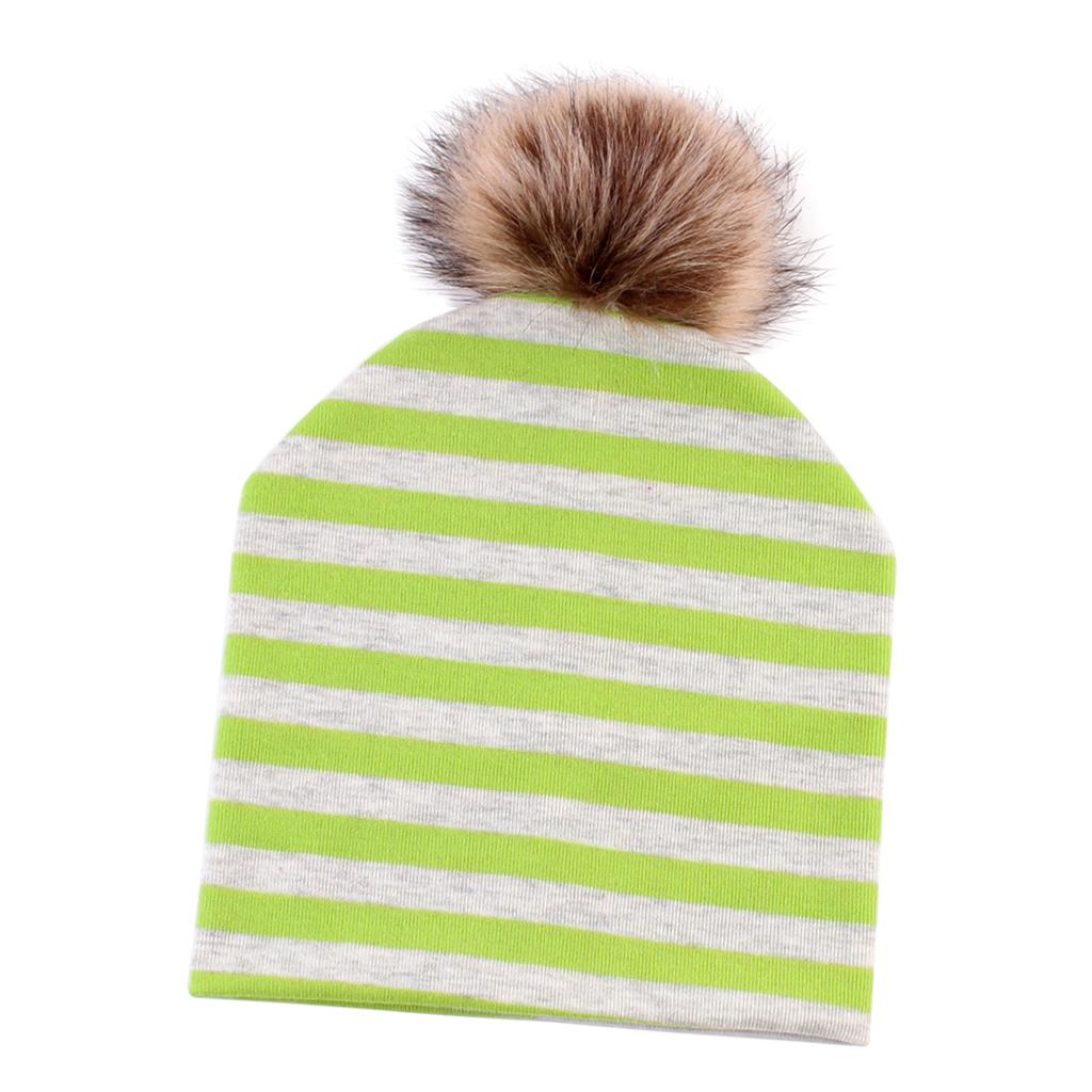 Baby Hat Faux Fur Baby Cap Cotton Pompom Bobble Hat for Kids  Green Stripe