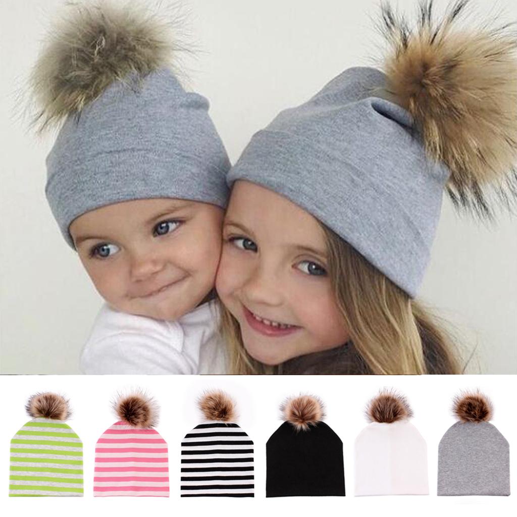 Baby Hat Faux Fur Baby Cap Cotton Pompom Bobble Hat for Kids  Green Stripe