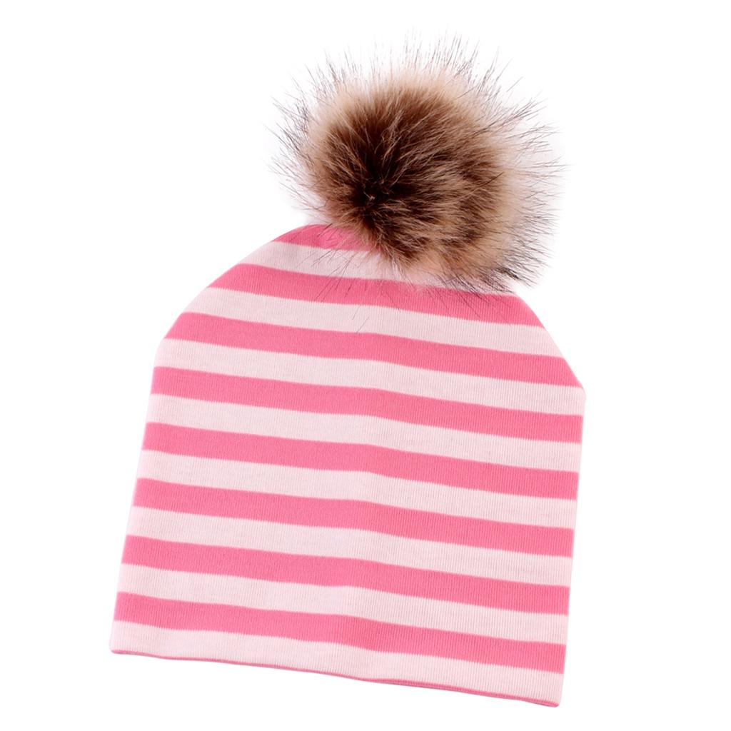 Baby Hat Faux Fur Baby Cap Cotton Pompom Bobble Hat for Kids  Pink Stripe