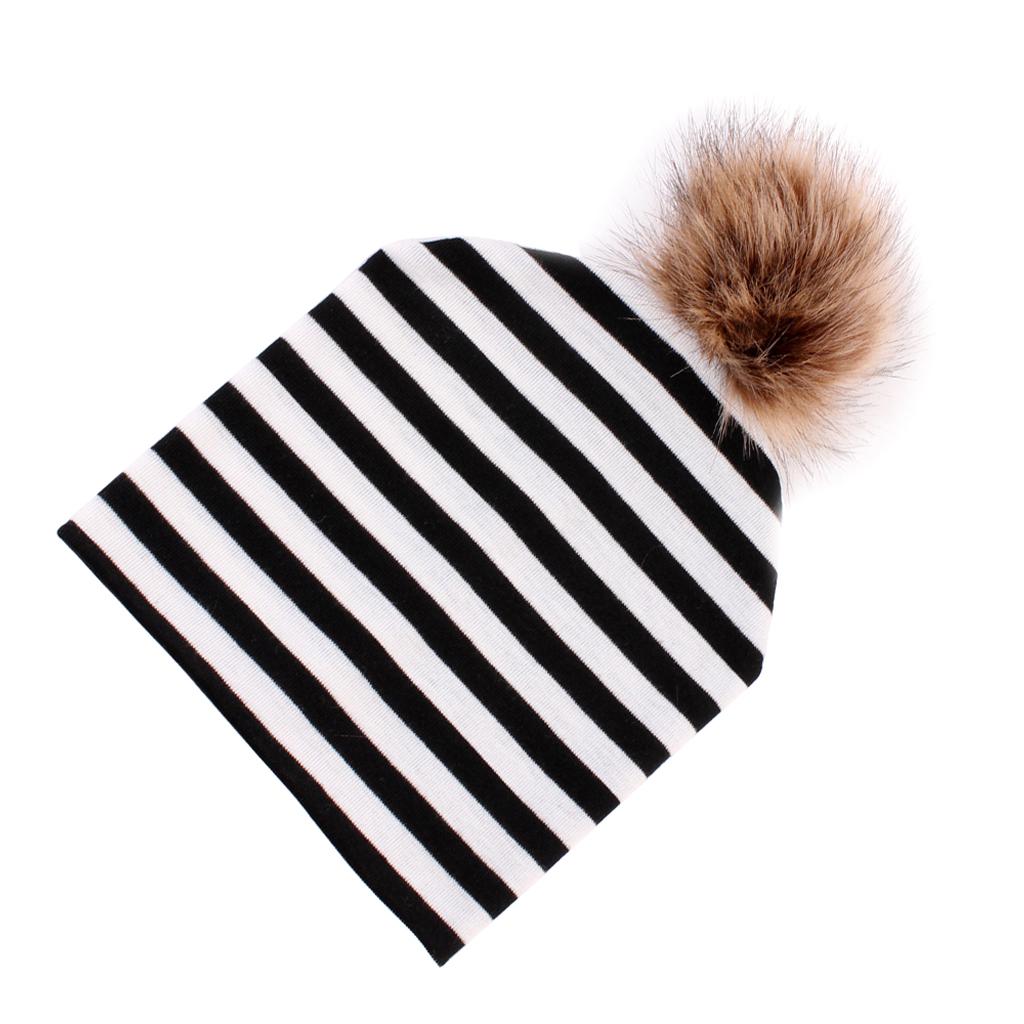 Baby Hat Faux Fur Baby Cap Cotton Pompom Bobble Hat for Kids  Black Stripe