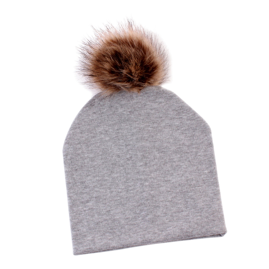 Baby Hat Faux Fur Baby Cap Cotton Pompom Bobble Hat for Kids  Gray