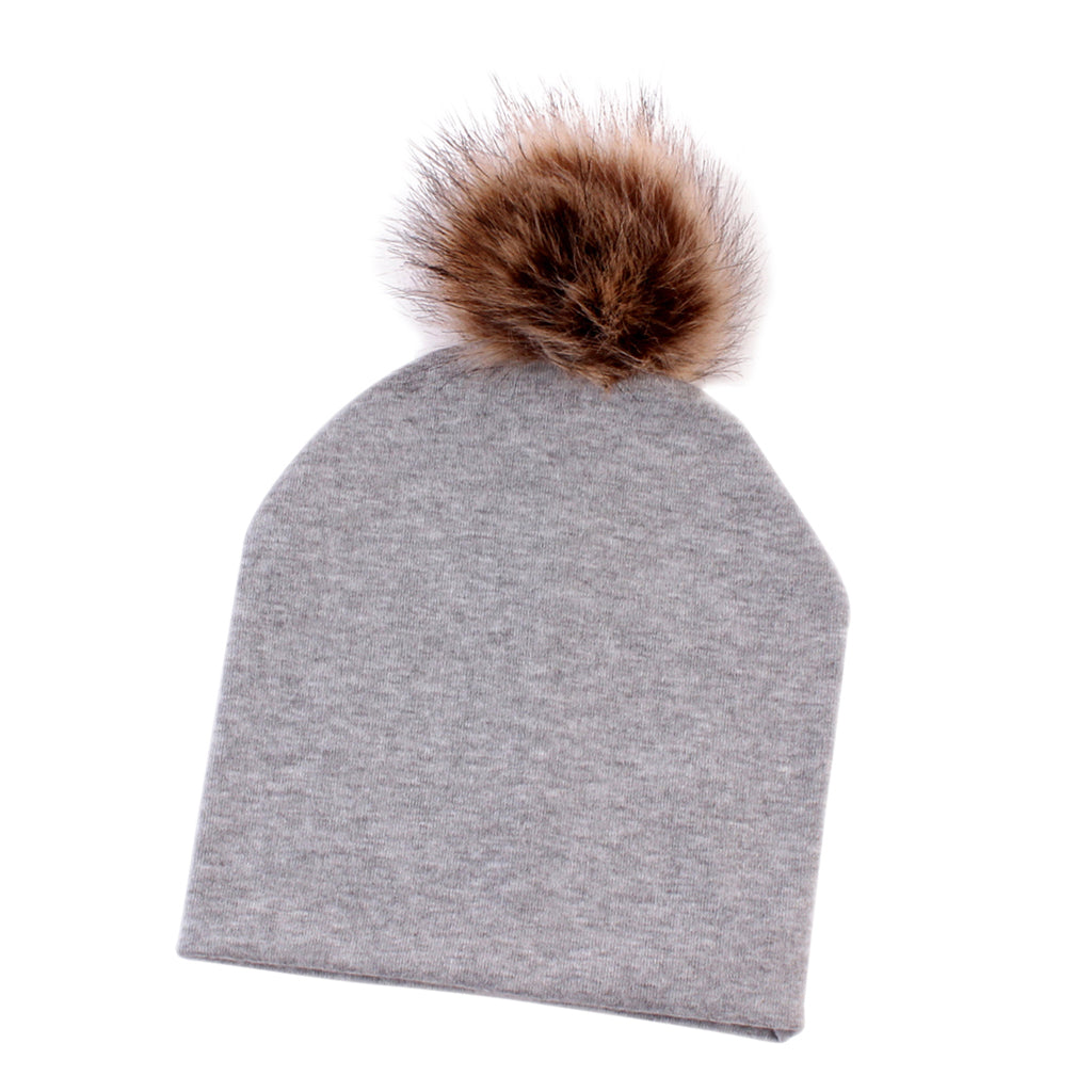 Baby Hat Faux Fur Baby Cap Cotton Pompom Bobble Hat for Kids  Gray