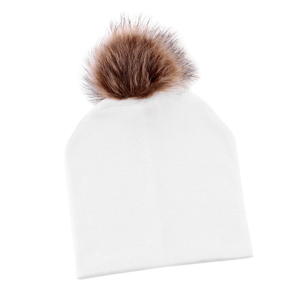 Baby Hat Faux Fur Baby Cap Cotton Pompom Bobble Hat for Kids  White
