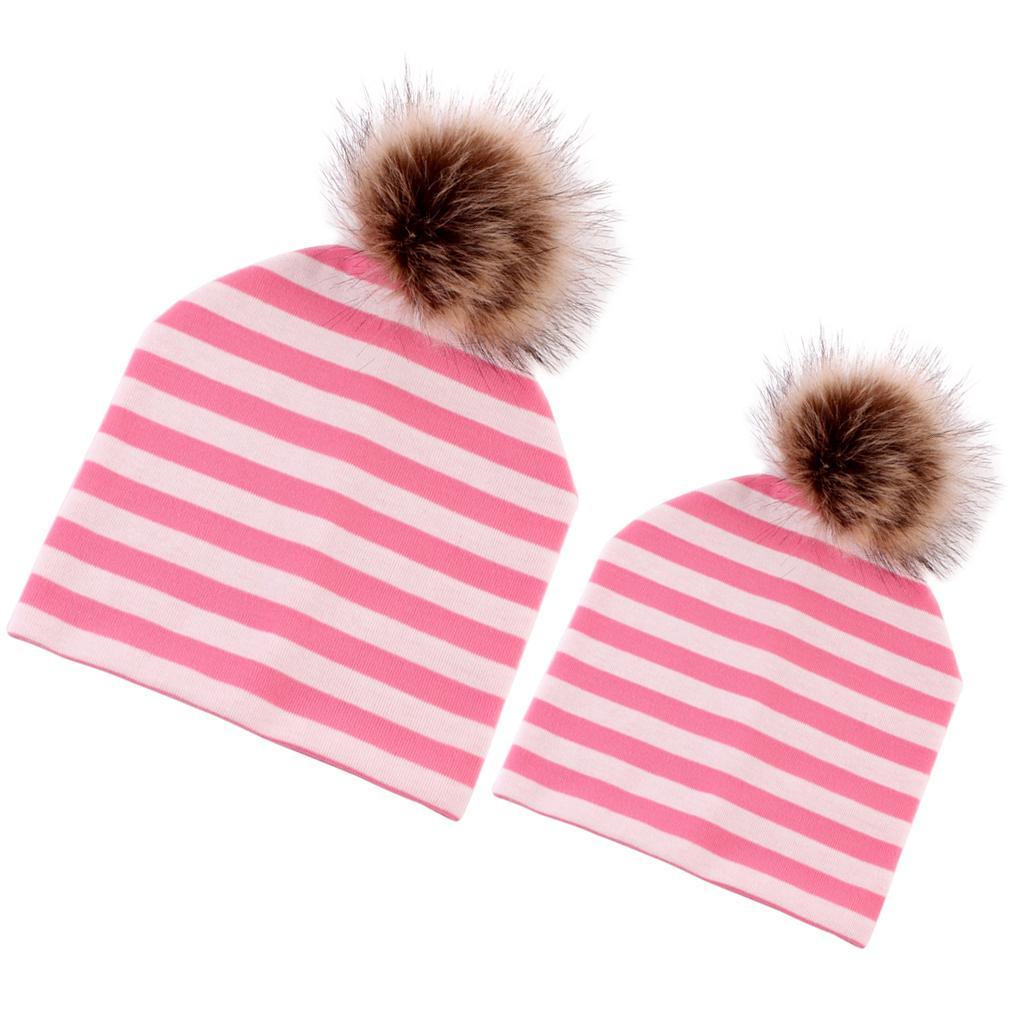 2PCS Parent-Child Hat, Mother & Baby Winter Warm Hat Family Beanie Ski Cap Pink