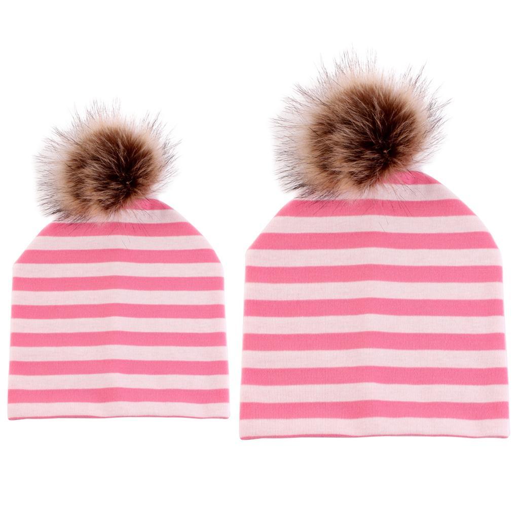 2PCS Parent-Child Hat, Mother & Baby Winter Warm Hat Family Beanie Ski Cap Pink