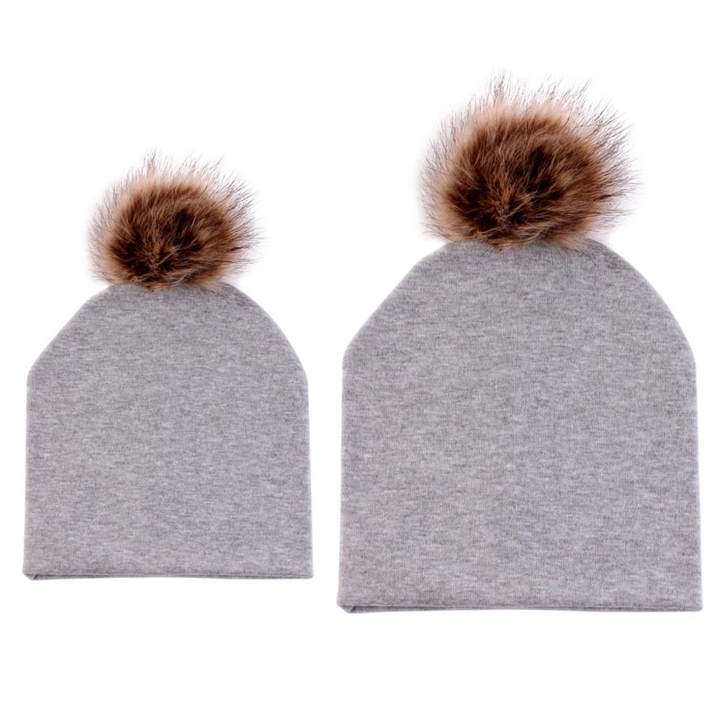 2PCS Parent-Child Hat, Mother & Baby Winter Warm Hat Family Beanie Ski Cap Gray