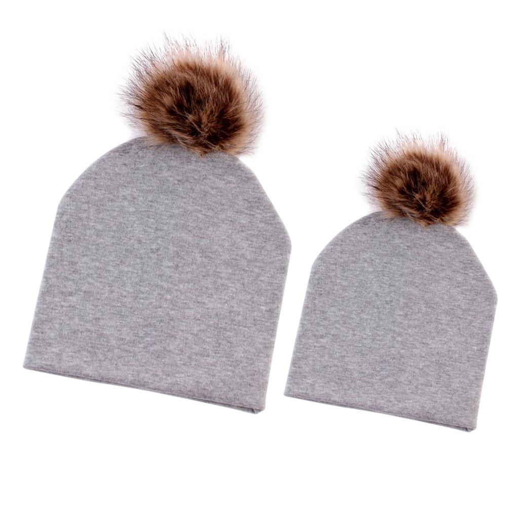 2PCS Parent-Child Hat, Mother & Baby Winter Warm Hat Family Beanie Ski Cap Gray