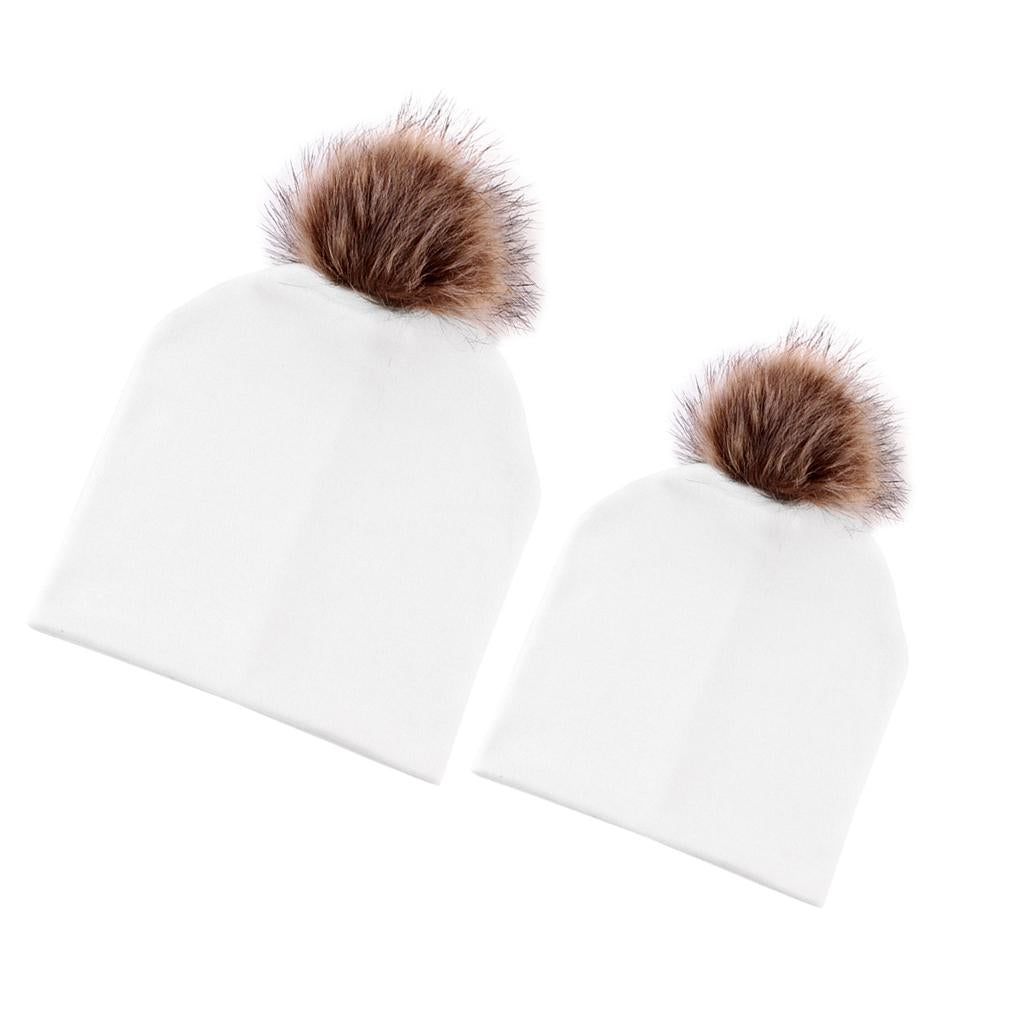 2PCS Parent-Child Hat, Mother & Baby Winter Warm Hat Family Beanie Ski Cap White