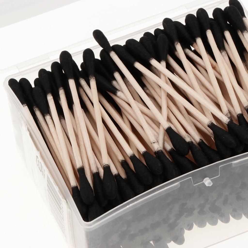 200 Piece Wooden Stick Double Head Cotton Swabs Buds Makeup Applicator Black