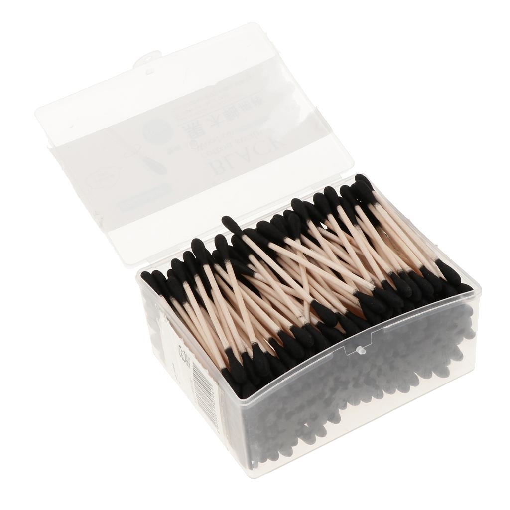 200 Piece Wooden Stick Double Head Cotton Swabs Buds Makeup Applicator Black