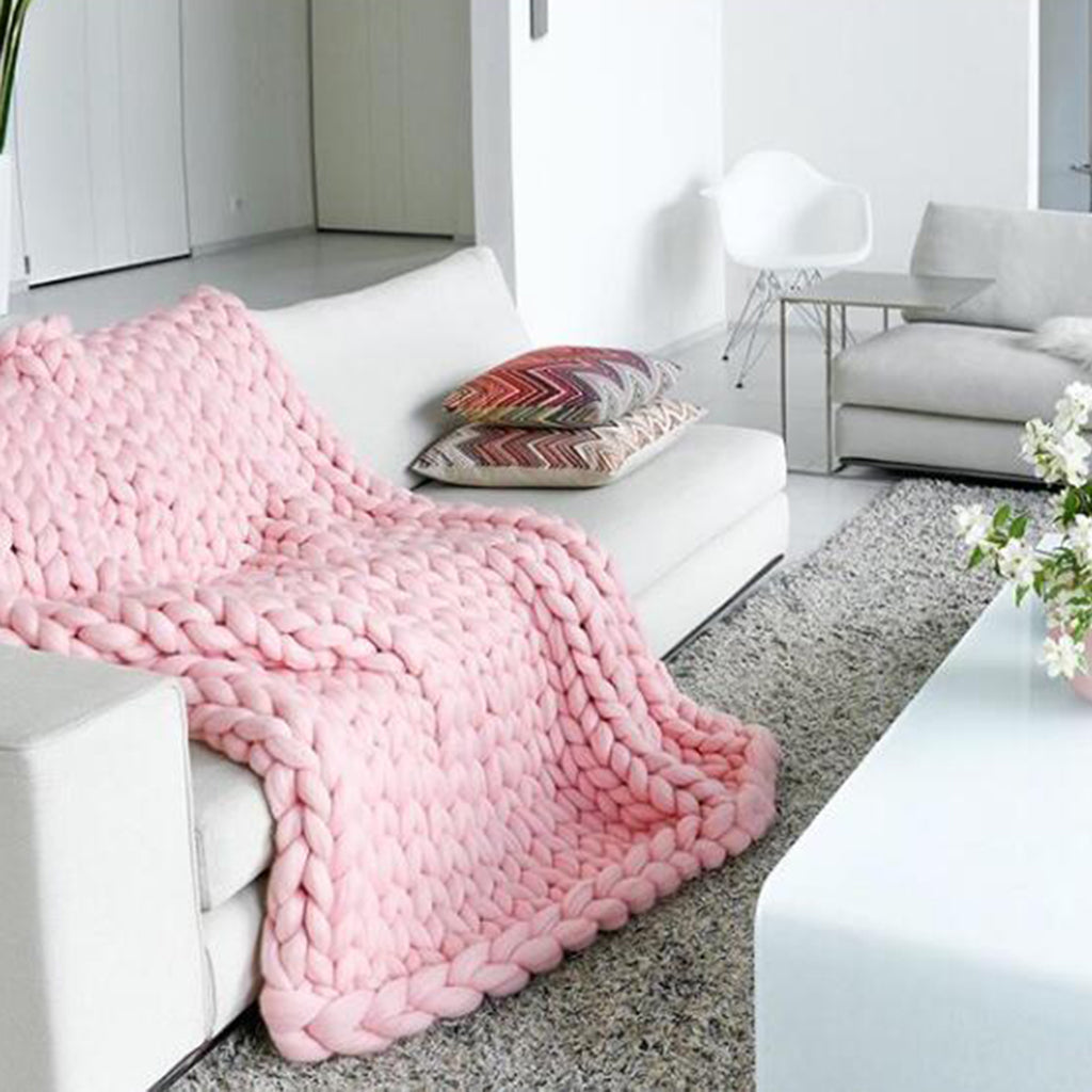 Hand-woven Knitted Blanket Yarn Bulky Knitting Blanket 120 x 100cm - Pink