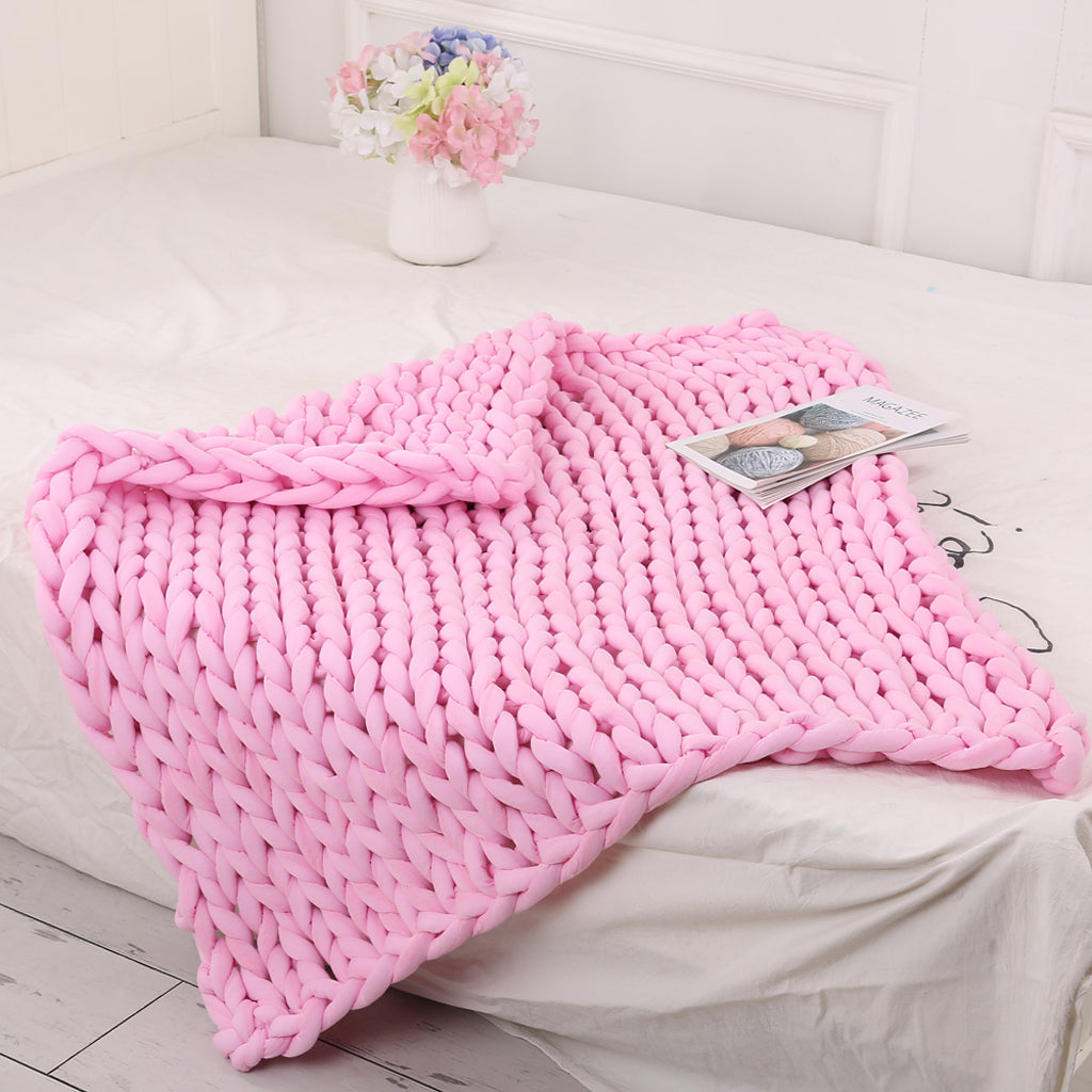 Hand-woven Knitted Blanket Yarn Bulky Knitting Blanket 120 x 100cm - Pink