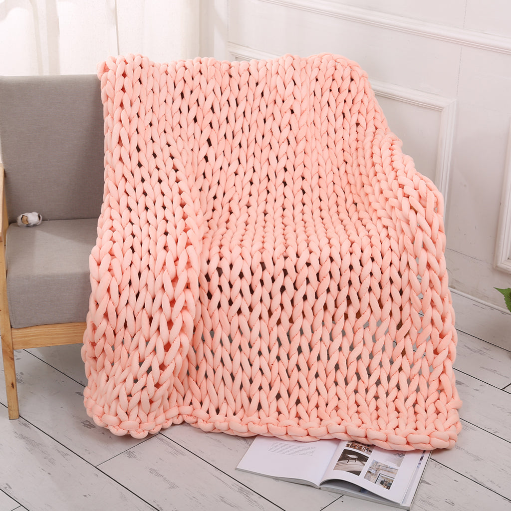 Handmade Knitted Blanket Yarn Bulky Knitting Blanket  100 x 80cm - Pink