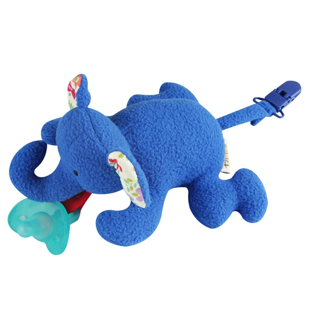 Inafnt Silicone Pacifier Holder Plush Animal Detachable Toy Blue elephant