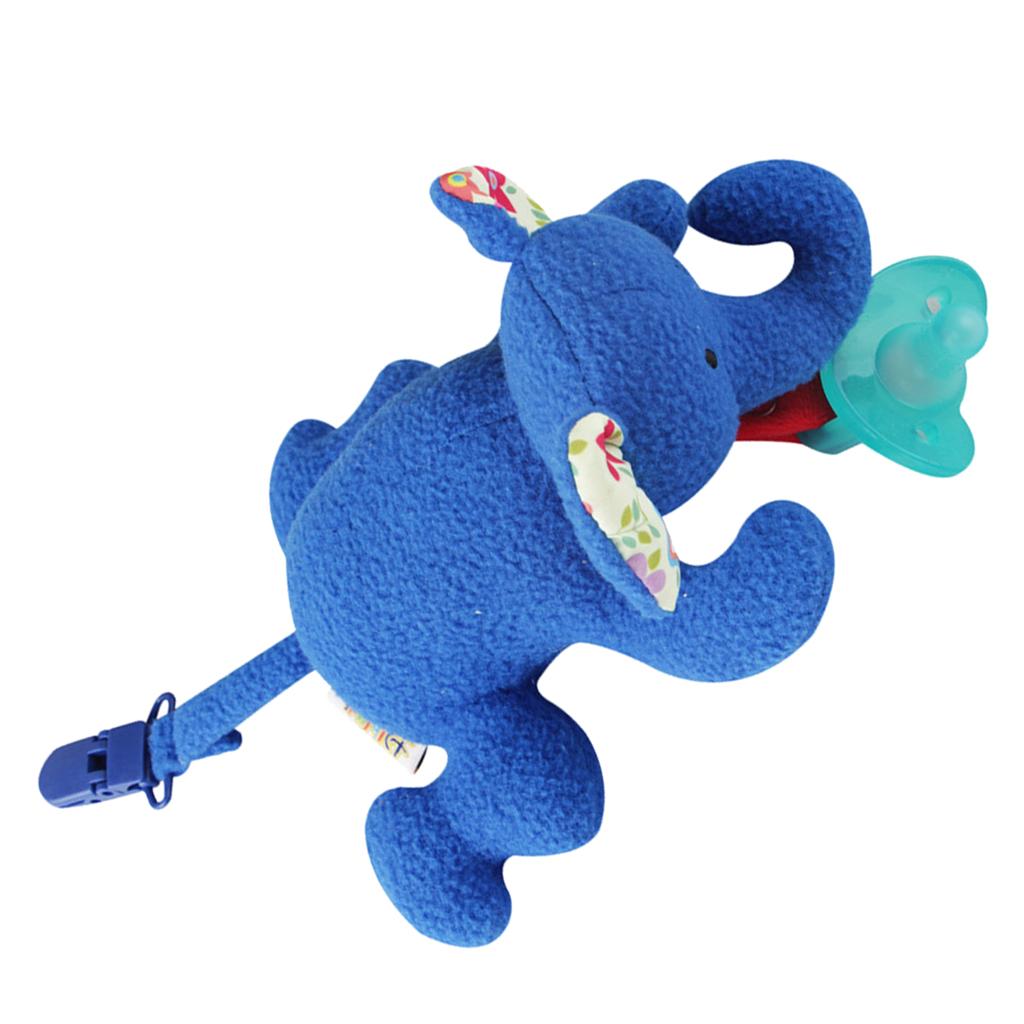 Inafnt Silicone Pacifier Holder Plush Animal Detachable Toy Blue elephant