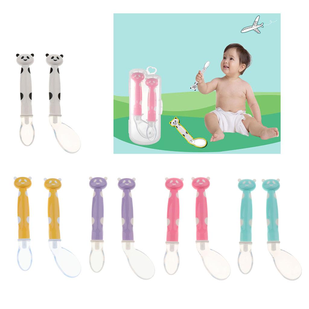 2Pcs Baby Bent-Handled Spoon Weaning Soft Silicone Head Tableware White