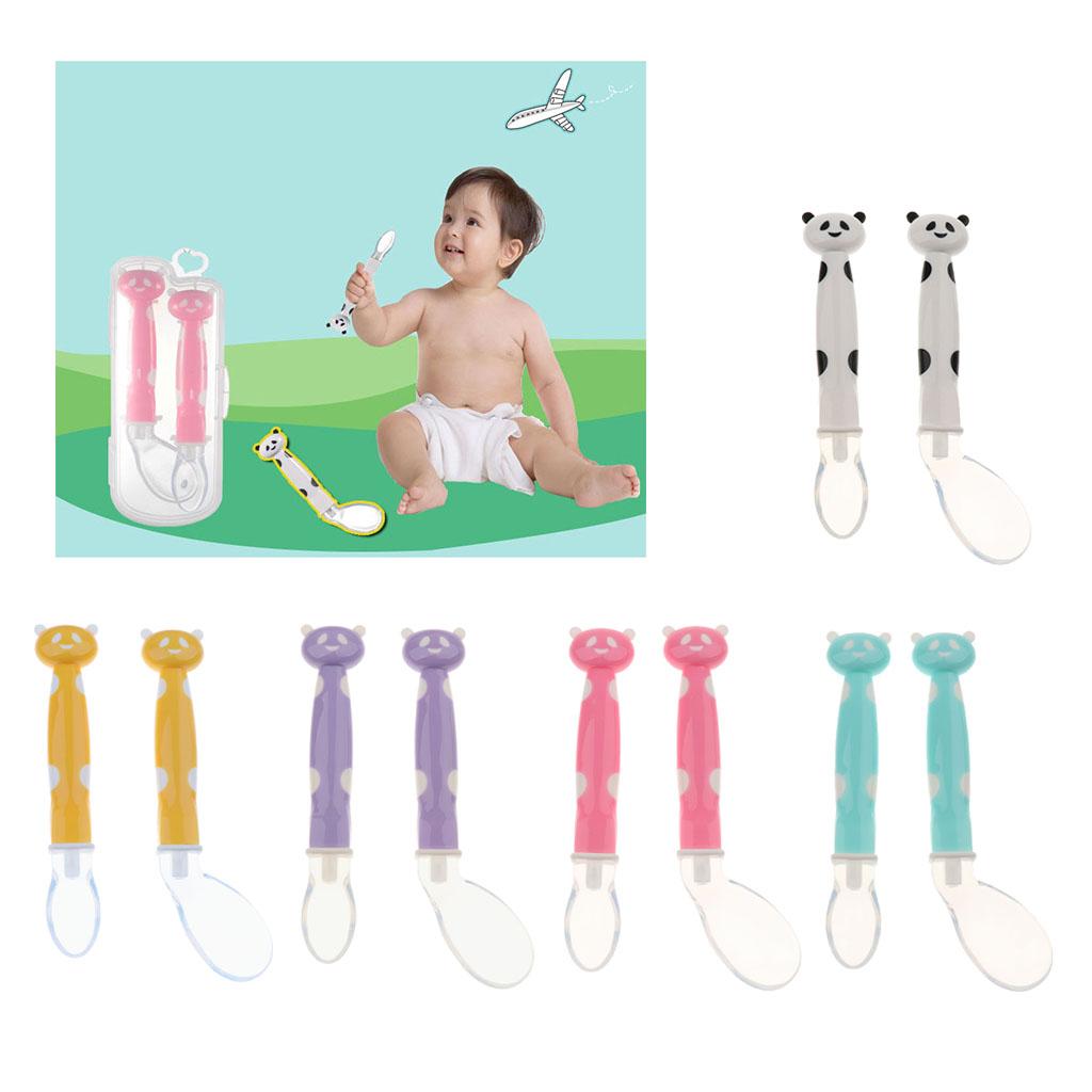 2Pcs Baby Bent-Handled Spoon Weaning Soft Silicone Head Tableware White