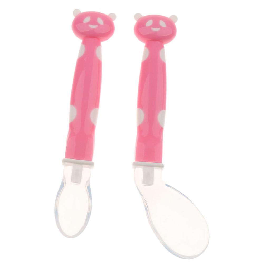 2Pcs Baby Bent-Handled Spoon Weaning Soft Silicone Head Tableware Pink