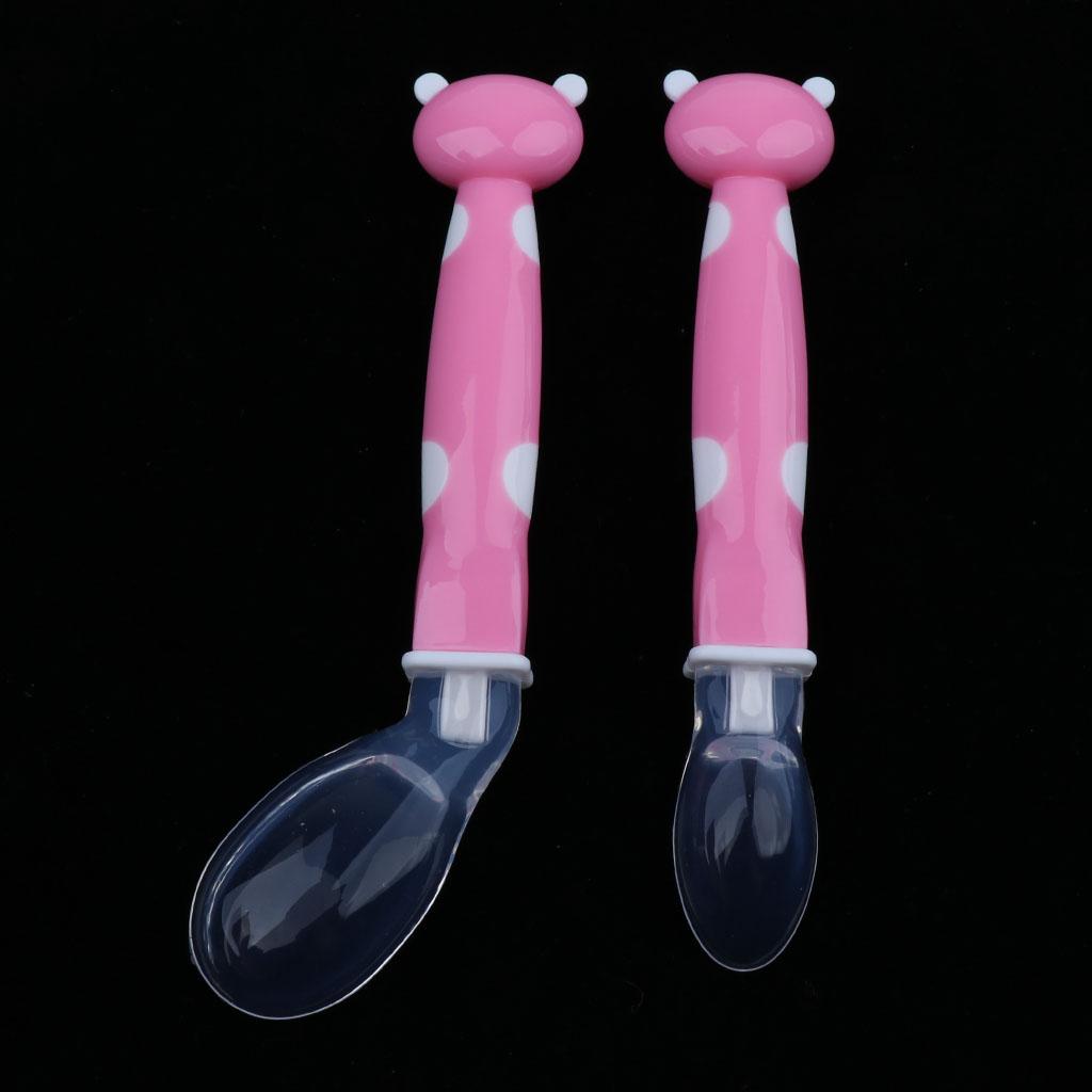 2Pcs Baby Bent-Handled Spoon Weaning Soft Silicone Head Tableware Pink