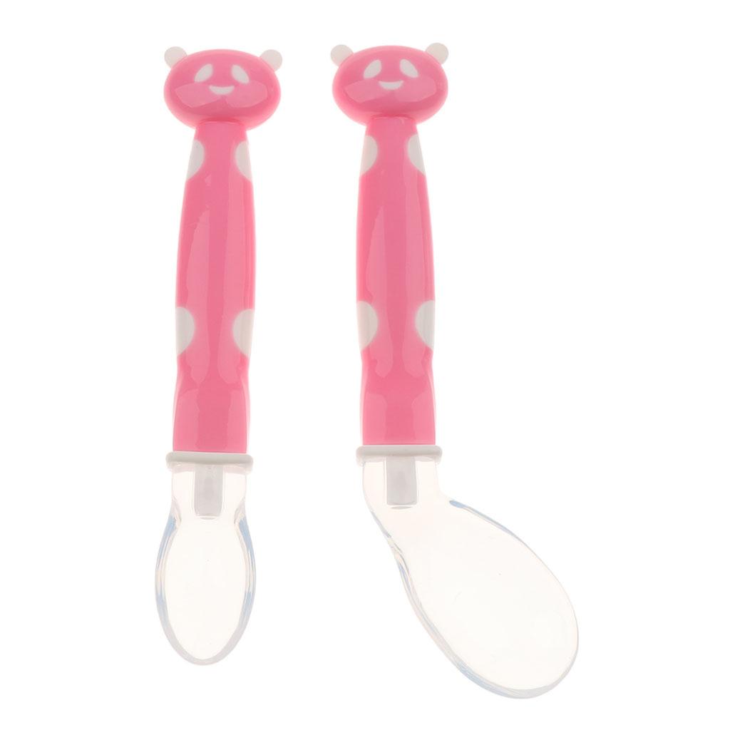 2Pcs Baby Bent-Handled Spoon Weaning Soft Silicone Head Tableware Pink