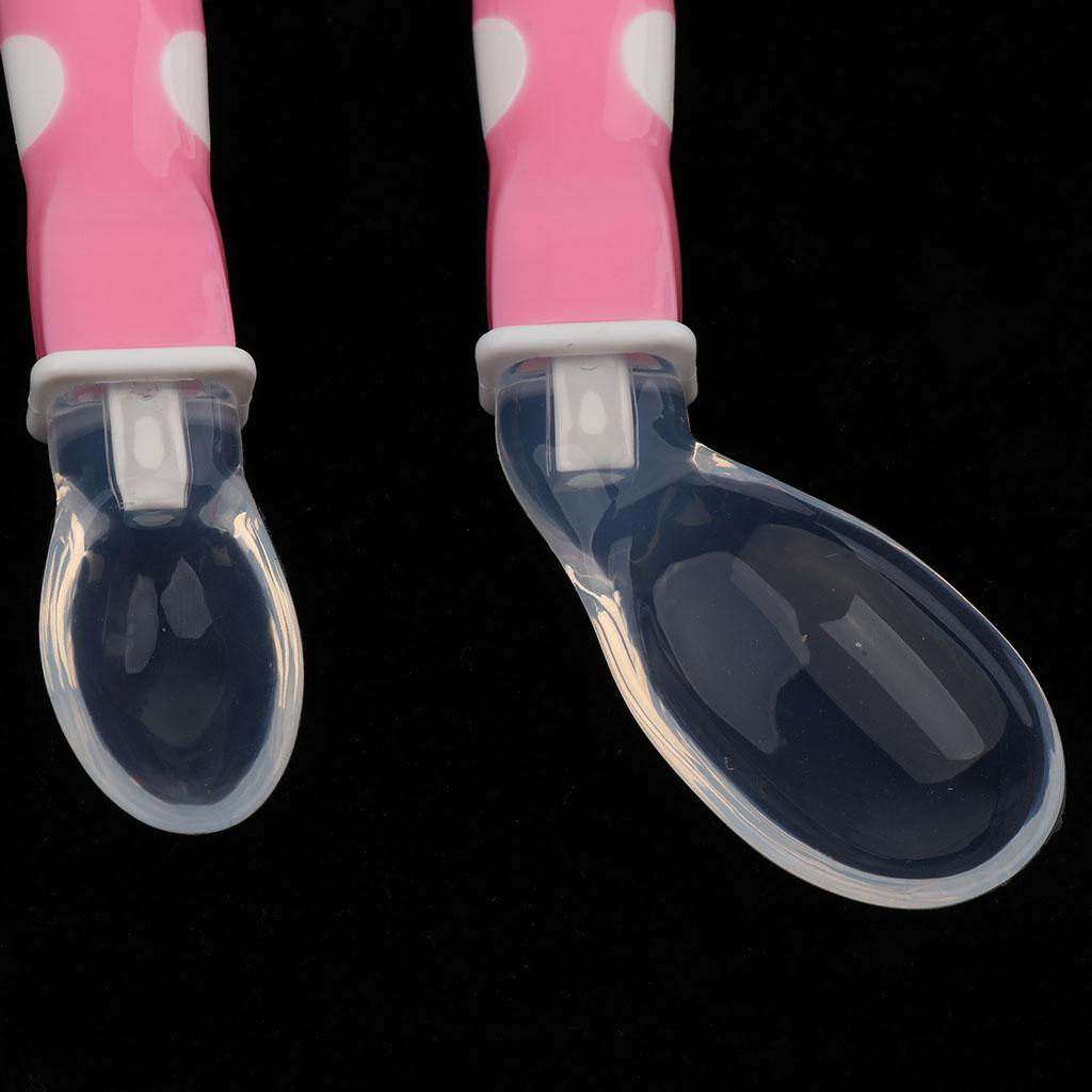 2Pcs Baby Bent-Handled Spoon Weaning Soft Silicone Head Tableware Pink