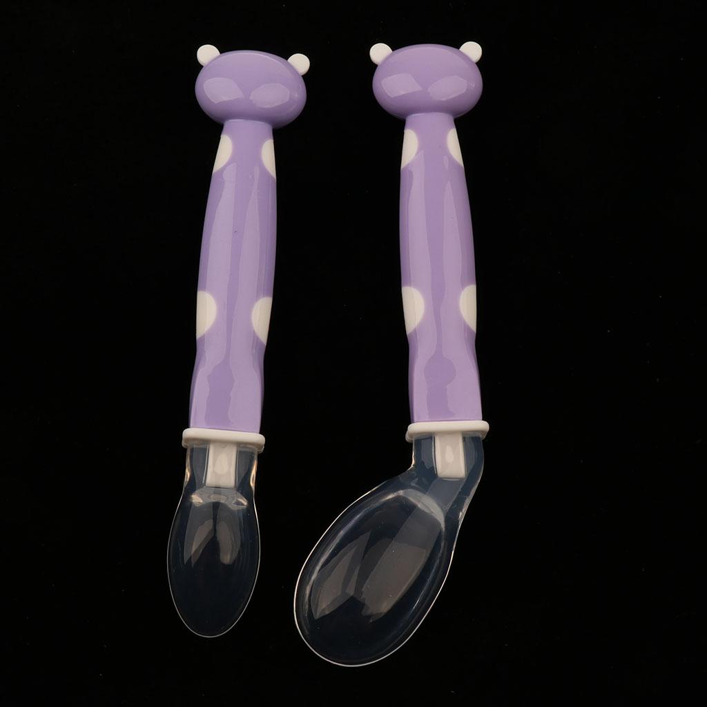 2Pcs Baby Bent-Handled Spoon Weaning Soft Silicone Head Tableware Purple