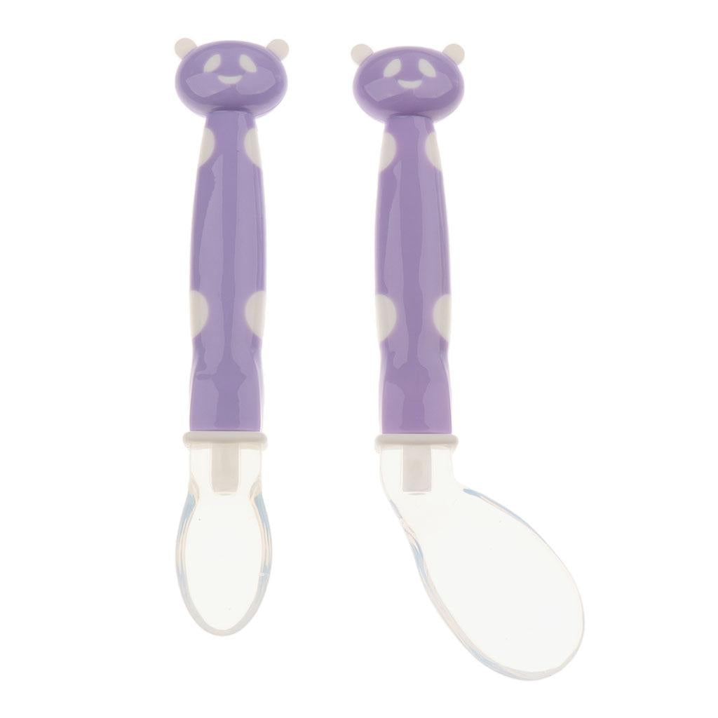 2Pcs Baby Bent-Handled Spoon Weaning Soft Silicone Head Tableware Purple