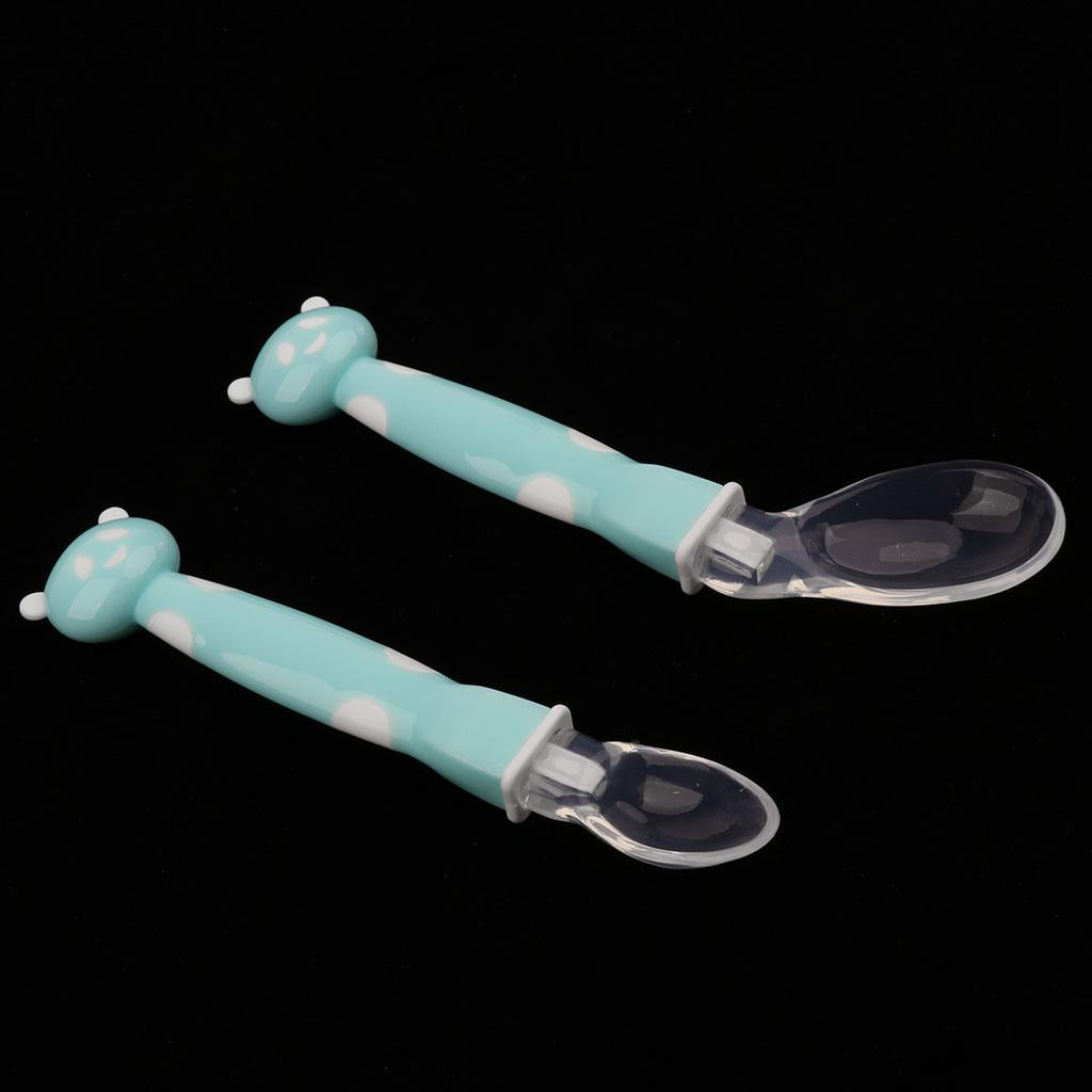 2Pcs Baby Bent-Handled Spoon Weaning Soft Silicone Head Tableware Blue