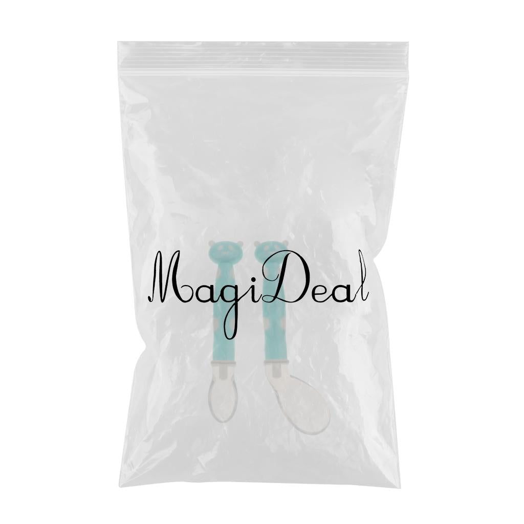 2Pcs Baby Bent-Handled Spoon Weaning Soft Silicone Head Tableware Blue