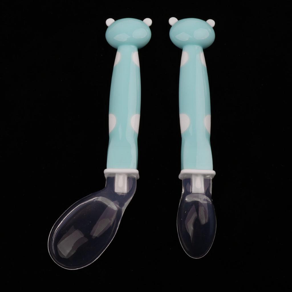 2Pcs Baby Bent-Handled Spoon Weaning Soft Silicone Head Tableware Blue