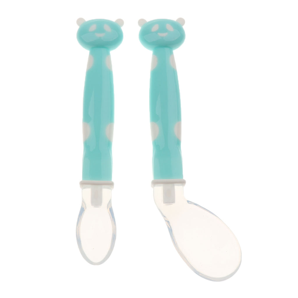2Pcs Baby Bent-Handled Spoon Weaning Soft Silicone Head Tableware Blue