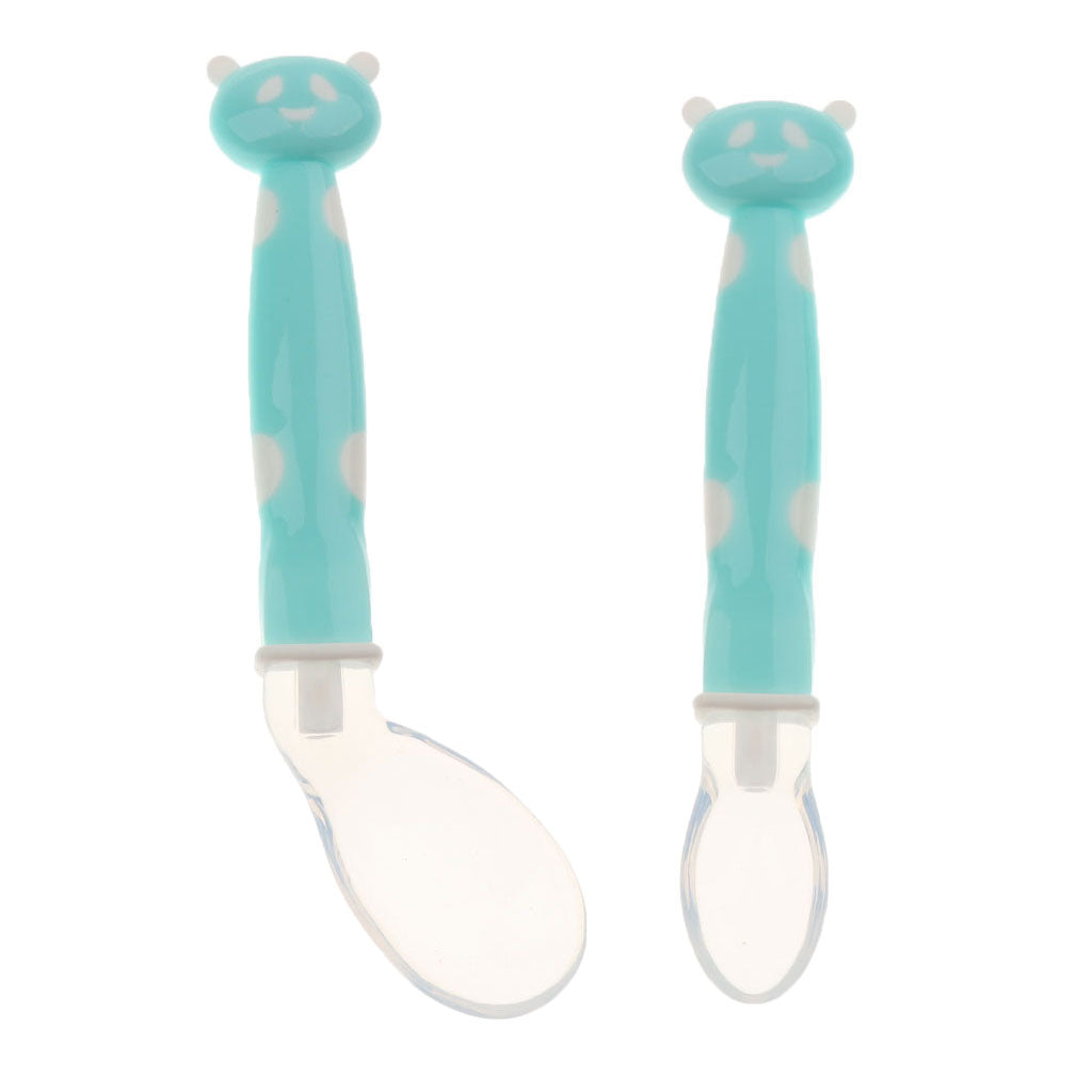 2Pcs Baby Bent-Handled Spoon Weaning Soft Silicone Head Tableware Blue