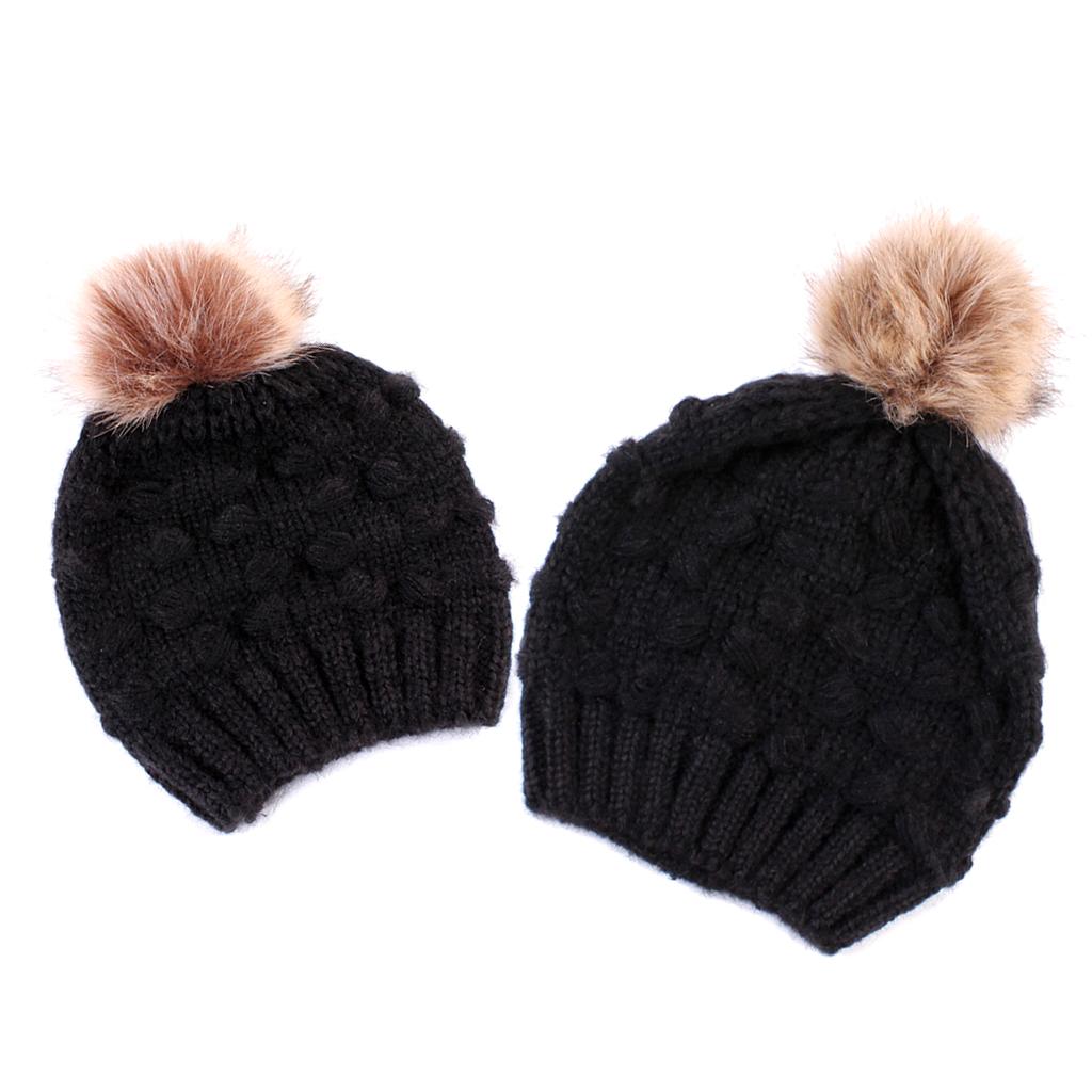 2PCS Parent-Child Hat Warmer Winter Knit Hat Beanie Ski Cap  Black