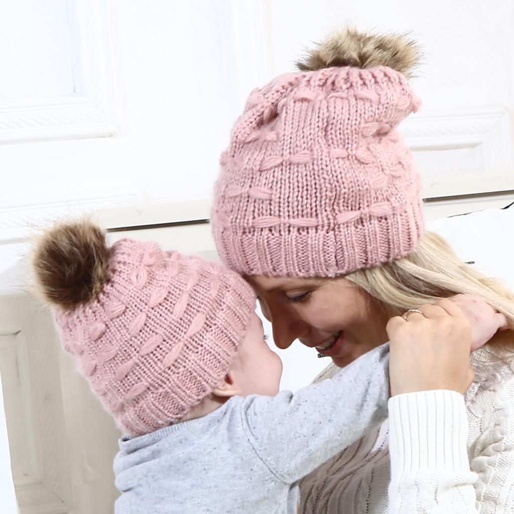 2PCS Parent-Child Hat Warmer Winter Knit Hat Beanie Ski Cap  Pink