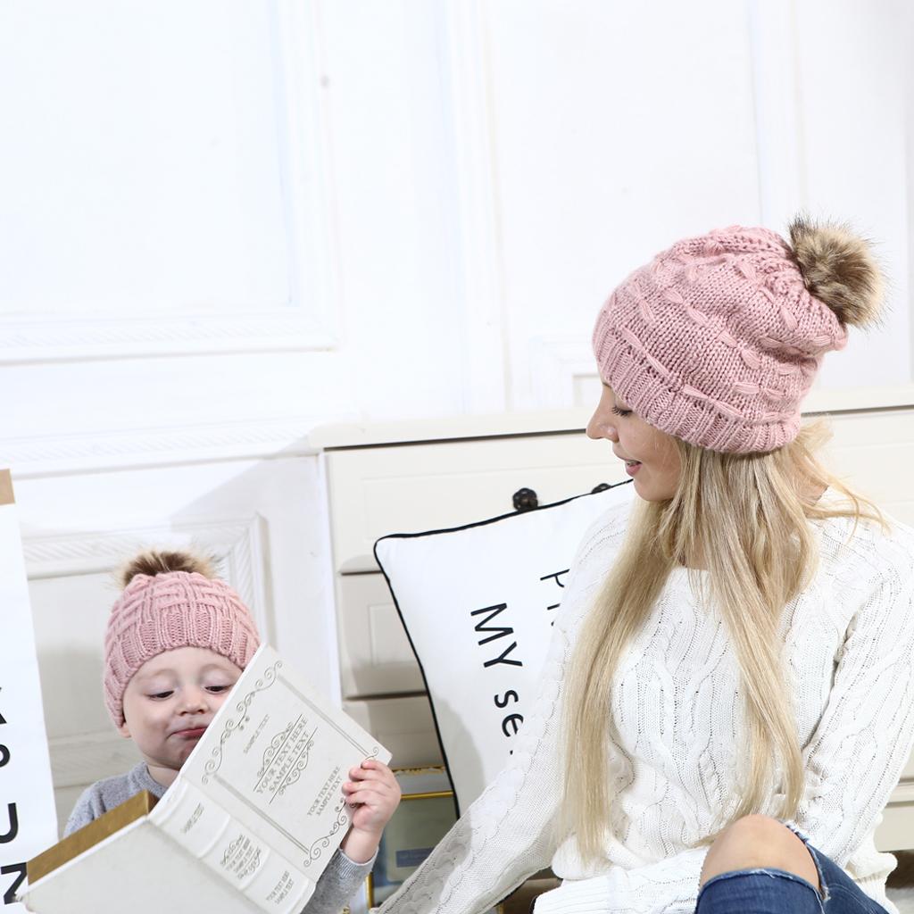 2PCS Parent-Child Hat Warmer Winter Knit Hat Beanie Ski Cap  Pink