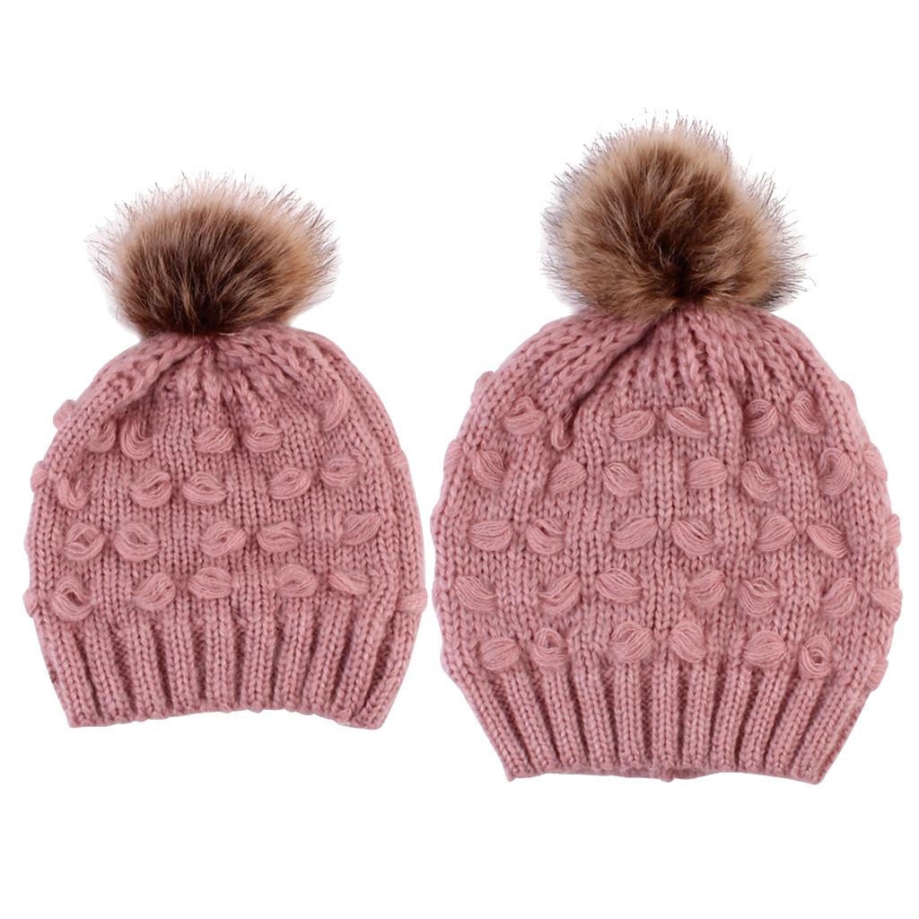 2PCS Parent-Child Hat Warmer Winter Knit Hat Beanie Ski Cap  Pink