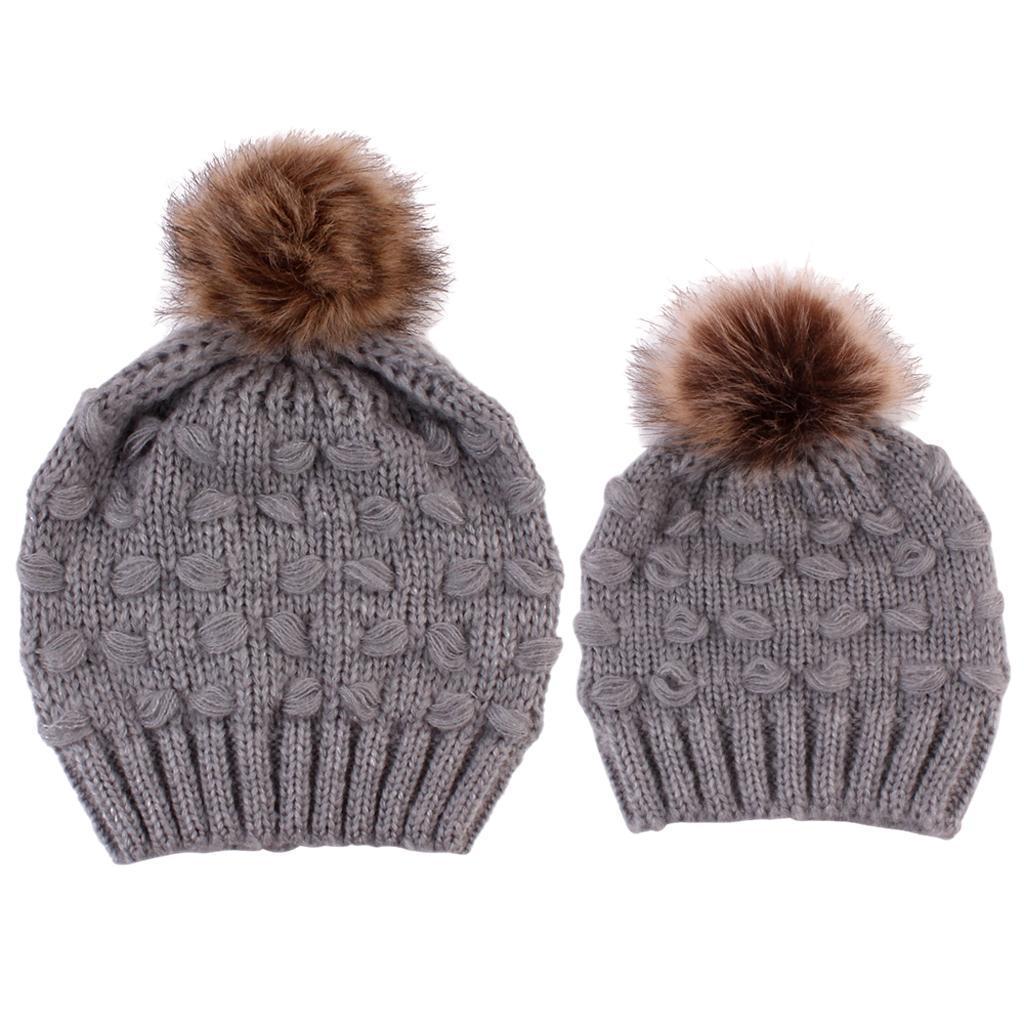 2PCS Parent-Child Hat Warmer Winter Knit Hat Beanie Ski Cap  Grey