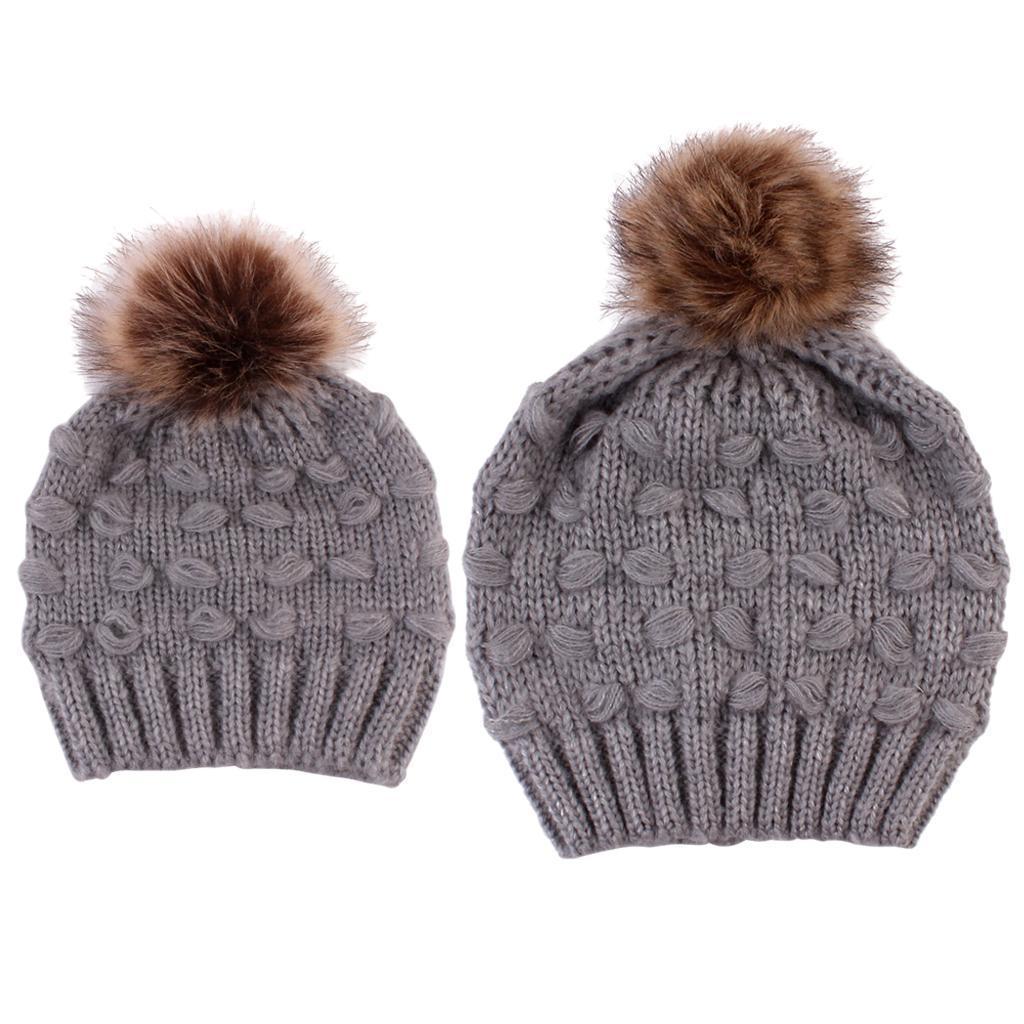 2PCS Parent-Child Hat Warmer Winter Knit Hat Beanie Ski Cap  Grey