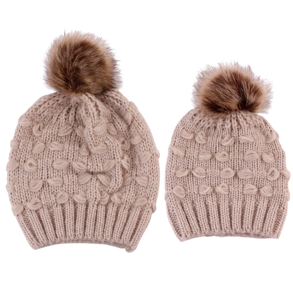 2PCS Parent-Child Hat Warmer Winter Knit Hat Beanie Ski Cap  Khaki