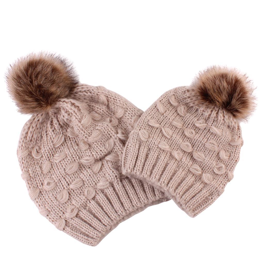 2PCS Parent-Child Hat Warmer Winter Knit Hat Beanie Ski Cap  Khaki